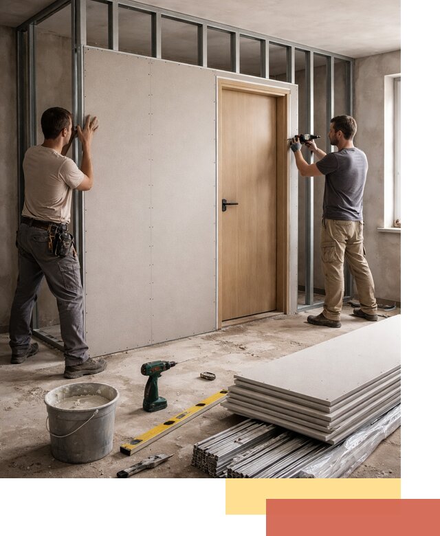 Перегородка из гипсокартона с дверью под ключ в Уфе