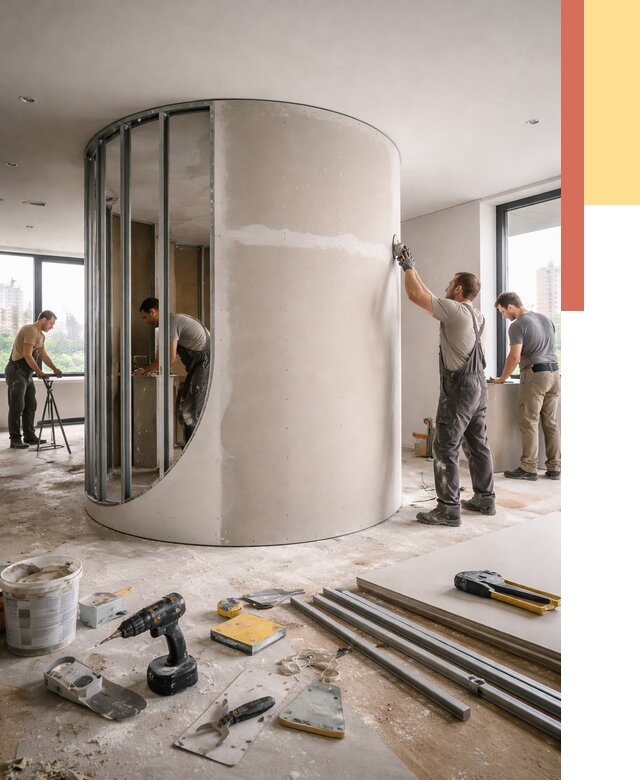 Радиусная перегородка из гипсокартона в Уфе от 2980 руб. под ключ | ОТДЕЛОЧНИК-Уфа