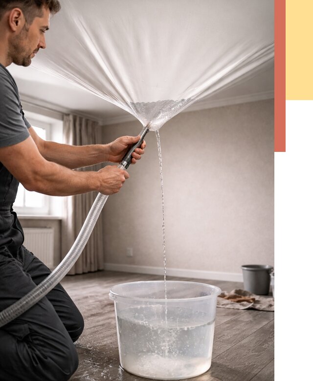 Слив воды с натяжного потолка в Уфе от 2569 руб. быстро и недорого | ОТДЕЛОЧНИК-Уфа